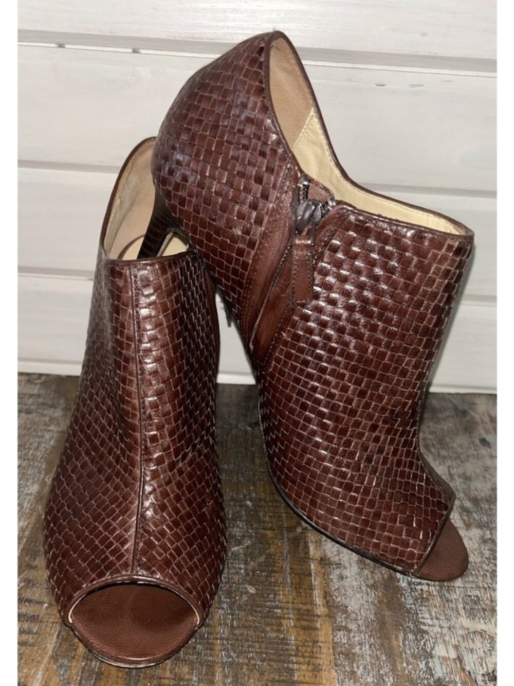 Cole Haan Sz 8.5 B Annabel Open Toe Booties Heels Basket Weave Brown Leather